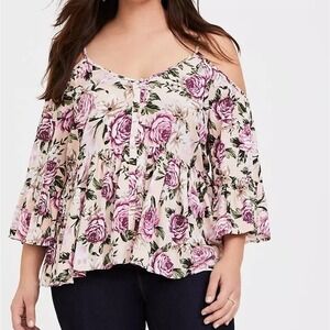 Torrid Cold Shoulder Top Womens 5 Pink Floral Bell Sleeve Button Front Boho Core